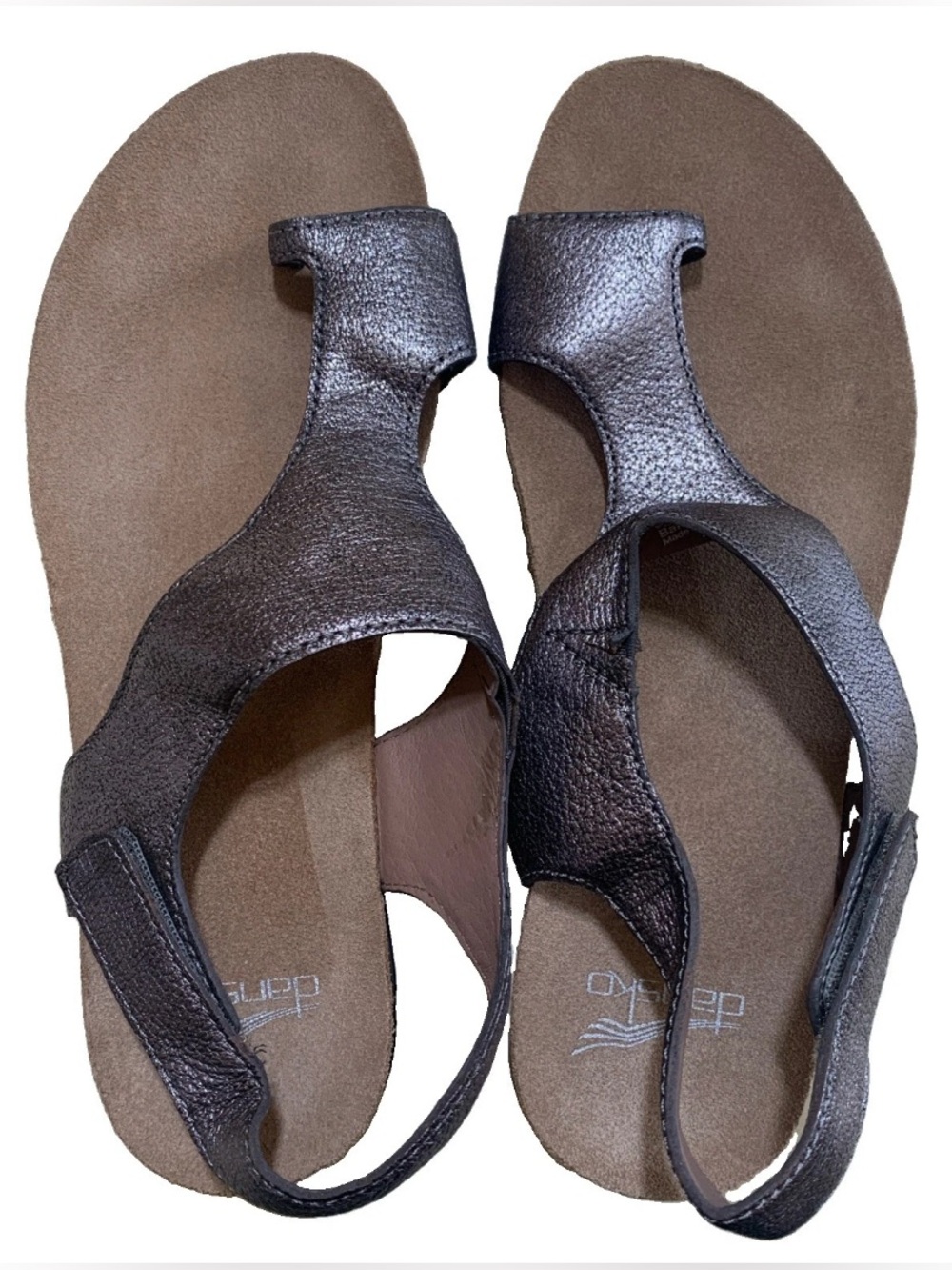 Dansko Reece Pewter Metallic Leather Toe Loop Sandals Comfort Womens Size 38